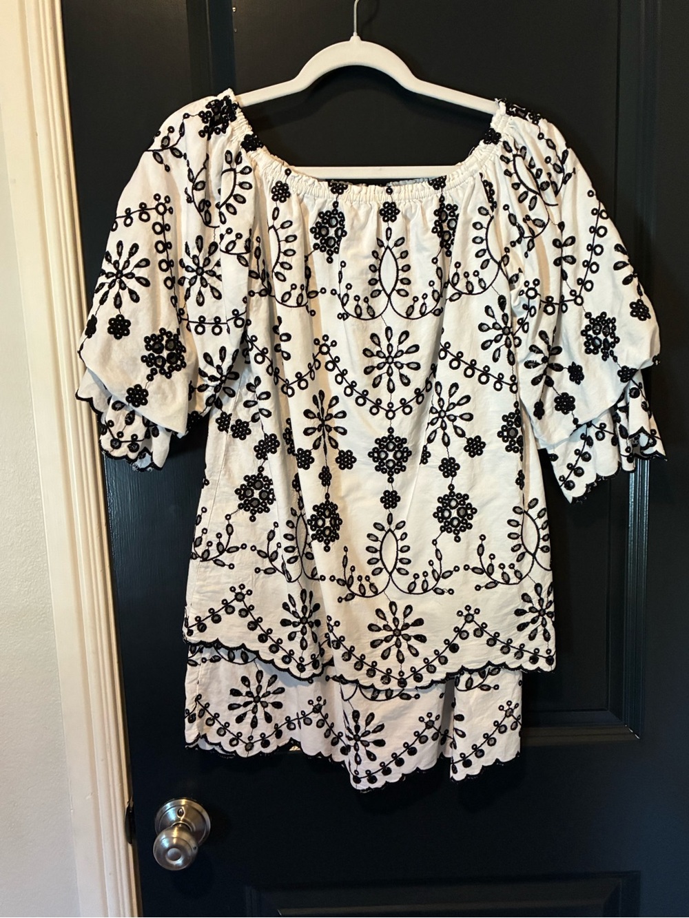 As seen on Schitt's Creek Embroidered Off-Shoulder White & black mini dress